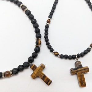 cross necklace for men, boys cross necklace, your choice Tigers eye and lava necklace for man or boy, unisex necklace, diffuser bead