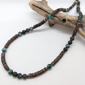 coconut necklace, surfer necklace, mens Hawaiian style unisex beaded choker, green turquoise necklace for man, gift for dad