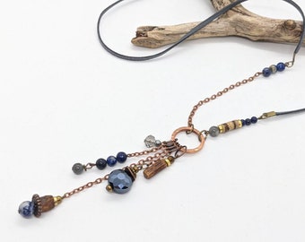 long collier bohème, long collier bleu en lapis et sodalite, longs colliers pour femmes de style bohème par JT Maui