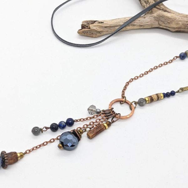 lange boho ketting, lange blauwe ketting in lapis en sodaliet, lange dameskettingen in dames Boho-stijl door JT Maui