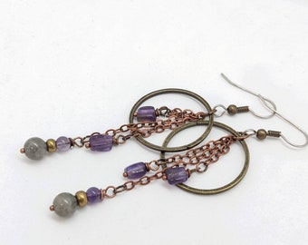 Amethyst boho earrings, Bohemian style gray labradorite and purple amethyst, February birthstone, genuine gemstones on surgical ss ear wires