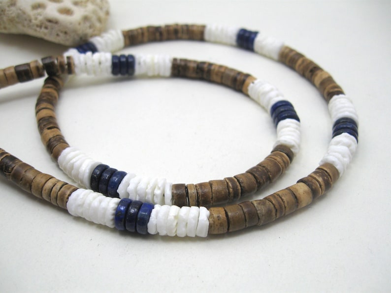 Mens necklace blue lapis lazuli, surf style blue lapis choker, little boys or unisex surfer design, hawaiian necklace white Puka shell image 1