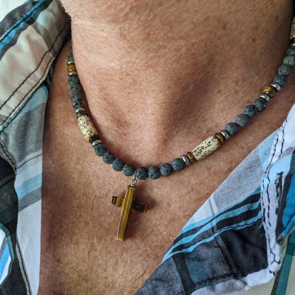 Heren kruisketting lava, mens tijgeroog ketting, natuurlijke donker wordende grijze lava, tijgeroogsteen, cadeau voor papa, bruidsjonkers broer jongen