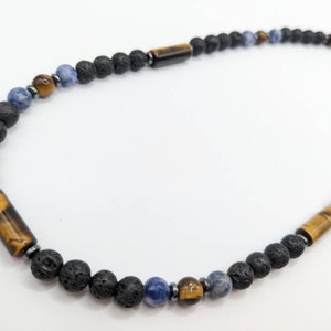 tigers eye necklace for men, gift for dad, tigers eye choker, masculine lava diffuser, beaded blue and brown