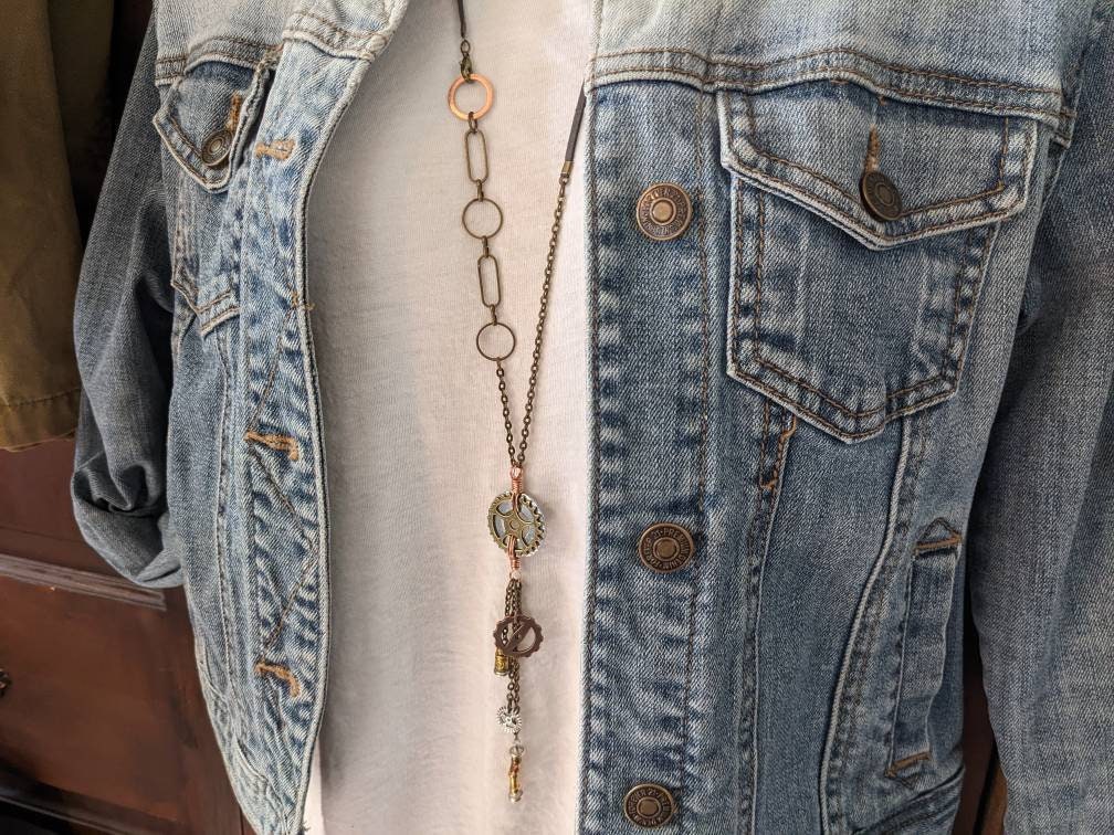Steampunk Necklace, Long Copper Necklace With Gears and