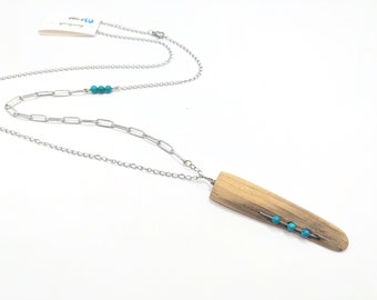 Driftwood and turquoise necklace, driftwood pendant, handmade silver stainless steel and natural wood adjustable necklace, one of a kind