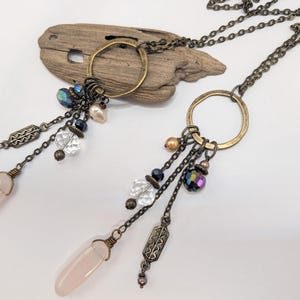 Long multi charm necklace, rose quartz light pink on long bronze chain, boho style, multi drops image 7
