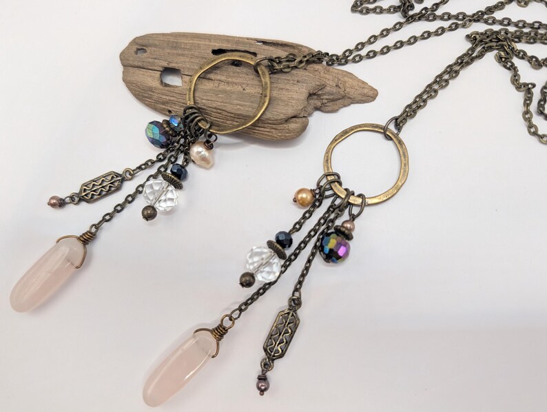 Long multi charm necklace, rose quartz light pink on long bronze chain, boho style, multi drops image 7