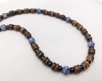 Beaded necklace for man, surfer choker, extra wide width, Hawaiian necklace for him, blue sodalite stone, masculine rugged gift for man