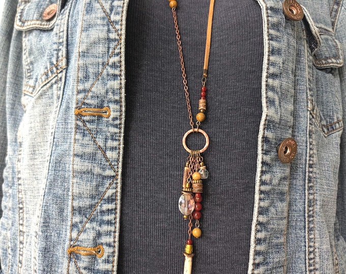 long boho necklace, mustard and rust necklace, orange agate, long womens necklaces, ladies crystals in Bohemian style by JT Maui