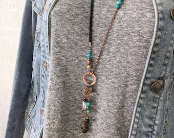 Long boho necklace, turquoise, lava, wood and crystal necklace, extra long leather necklace Bohemian hippie gypsy style, on suede LB59