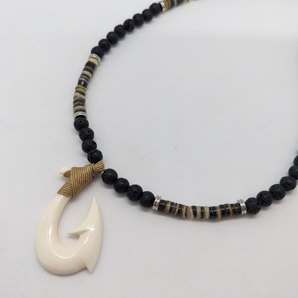 Mens Hawaiian fish hook necklace, with lava and shell, makau necklace for man, surfer style, maui style bone hook