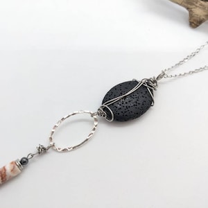 Long silver boho necklace, black lava and dark blush toned pendant, adjustable length
