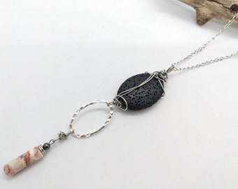 Long boho necklace, black lava and dark blush toned necklace, extra long adjustable length, silver and black hand wrapped pendant LB44