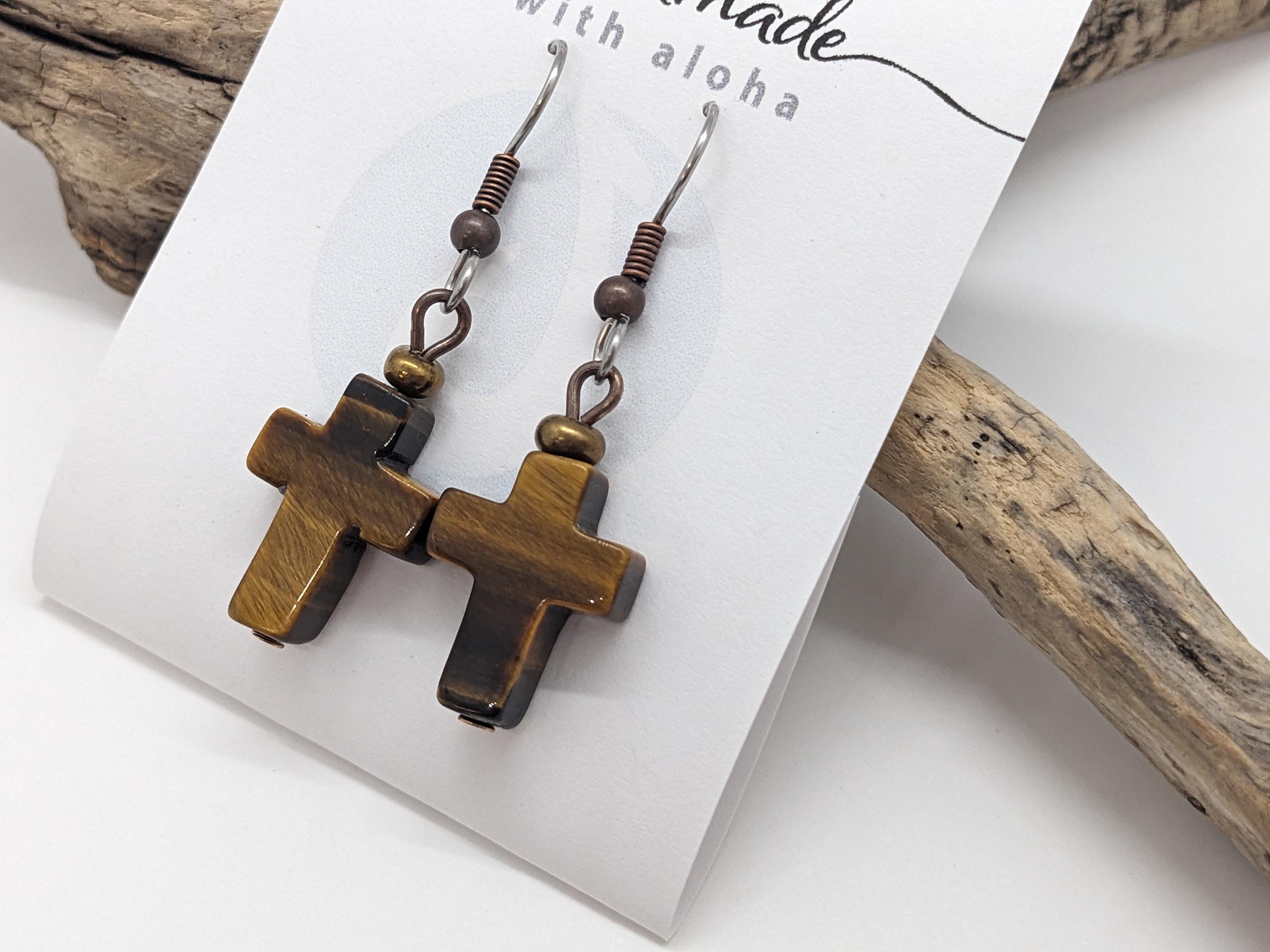 Cross earrings, in tigers eye stone, surgical stainless steel ear wires