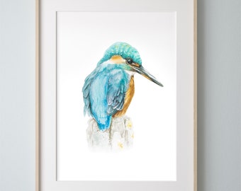 King Fisher Bird Watercolor Print, Bird Fine Art, Bird Wall Art, King Fisher, Fine Art Print, Bird Art, Minimalist Bird, Giclée, Archival