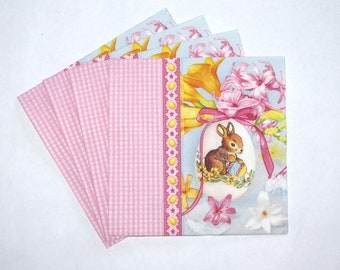 4 Decoupage Napkins, Easter Bunny Craft Paper, Napkins with Pink and Yellow Flowers, Easter Eggs, 3 ply Paper Napkins 13'' 33cm, EAS30