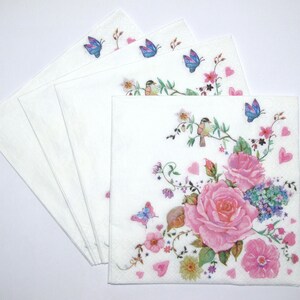 4 guardanapos de decupagem com flores, papel artesanal Shabby Chic com pássaros e rosas em fundo branco, guardanapos de papel de 3 folhas 13'' 33cm, FLW08