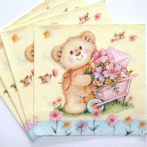 4 Decoupage-Servietten, Blumenservietten, Bastelpapier im Kinderstil mit Teddybär, 3 lagige Papierservietten 13 '' 33 cm, KID16