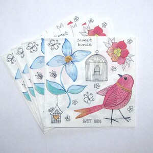 4 tovaglioli per decoupage, uccellini dolci, carta da pacchi blu e rosa con uccellini e fiori, tovaglioli di carta a 3 veli 13'' 33 cm, BIR01