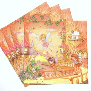 4 serviettes en papier à découpage, Fairy Pixie Land, papier kraft imprimé dessin animé, serviettes de table pour fêtes d'enfants, serviettes en papier 3 épaisseurs 13 po. 33 cm, KID02