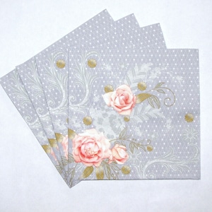 4 tovaglioli per decoupage, rose oro rosa shabby su sfondo grafico in pizzo grigio, tovaglioli floreali a 3 veli tovaglioli di carta per decoupage 13'' 33 cm, FLW28
