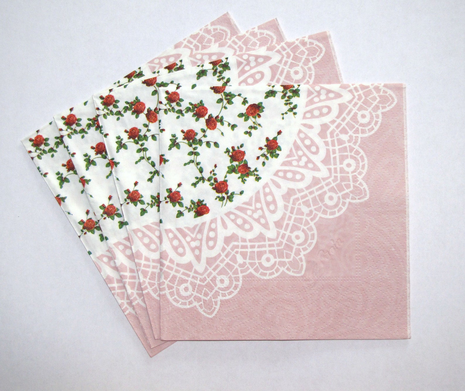 4 Decoupage Napkins Floral Craft Paper White Lace on Pink Etsy