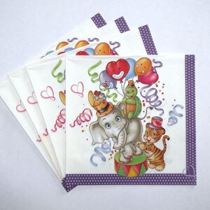 4 knipservetten, circusdieren, ambachtelijk papier kinderstijl, 3-laags papieren servetten 13'' 33 cm, KID04