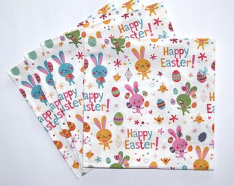 4 Decoupage Paper Napkins, Easter Craft Paper, Funny Easter Bunnies Chicken and Eggs, Happy Easter Napkins, EAS14