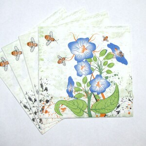 4 guardanapos decoupage, flores e abelhas, papel artesanal com flores azuis, guardanapos florais, guardanapos de papel de 3 camadas 13'' 33 cm, FLW42