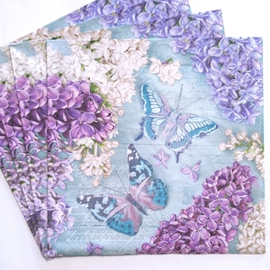 4 servilletas de decoupage, flores de arbusto lila y mariposas, servilletas con estampado floral vintage, servilletas de papel para almuerzo de 3 capas, 13'' 33 cm, FLW47