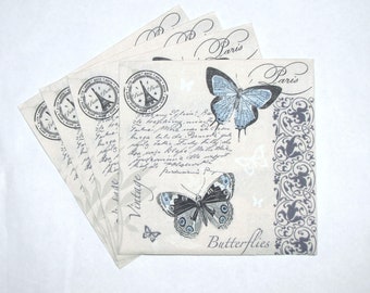 4 Decoupage Napkins with Butterflies, Blue Gray Butterflies and Vintage Postcards on Retro Background, 3 ply Paper Napkins 13'' 33cm, BTF07