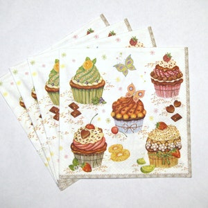 4 Decoupage-Servietten, Kuchen und Süßigkeiten, bedruckte Servietten mit Schmetterlingen, Muffin, Schokolade, Kirsche, 3 lagig Papierservietten 13 '' 33cm, SWE03