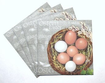 4 Decoupage Napkins, Eco Easter Composition, Eggs in a Nest, White Feathers Willow Twigs on beige Background, Eggs in a Wicker Basket, EAS39