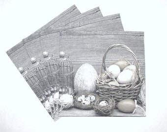 4 Decoupage Paper Napkins Eco Easter Composition with Eggs and Bright Flowers, White Gray Napkins, Eco Eggs in Basket and Wicker Nest, EAS38