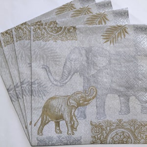 4 servilletas de decoupage, elefantes de estilo indio, elefantes dorados y plateados sobre gris, familia de elefantes de papel artesanal, BIR08
