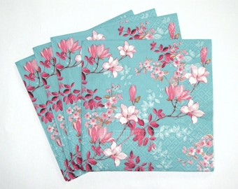 4 Decoupage Napkins with Magnolia Flowers, Shabby Pink Flowers, 3 ply Napkins for Decoupage, Floral Craft Paper Napkins 13'' 33cm, FLW17