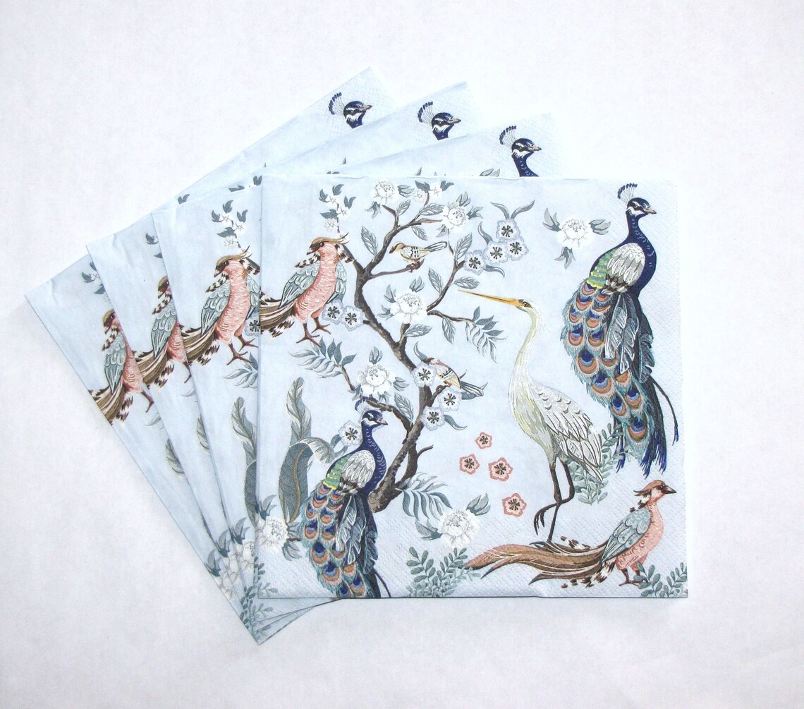 4 Decoupage Napkins Peacocks and Heron in Garden on Blue Etsy