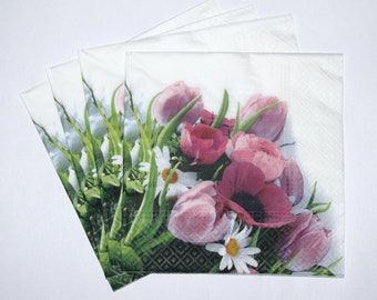 4 Decoupage Napkins, Spring Flowers Pink Tulips White Camomile, 3 ply Napkins for Decoupage, Floral Craft Paper Napkins 13'' 33cm, FLW16