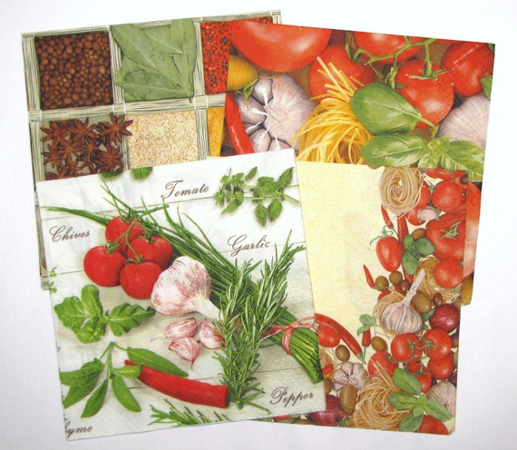 Mixed Decoupage Napkins Set, Assorted 3ply Paper Napkins, Green Herbs Basil Napkins, Spices Napkins, Tomatoes Garlic Napkin 13\u0027\u0027 33cm, MIX03