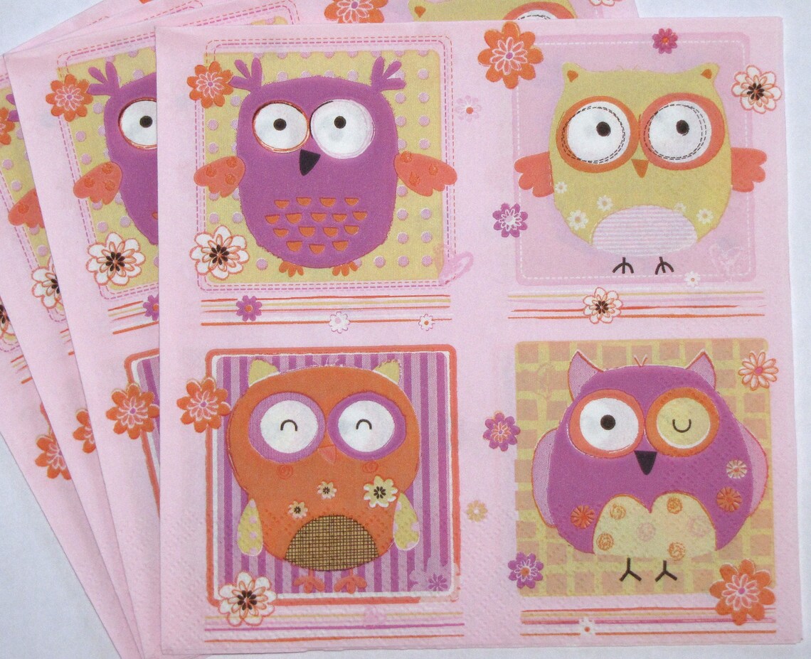 4 Decoupage Napkins w Cute Owls Kids style Napkins for Craft Etsy