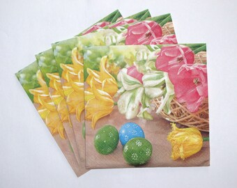 4 Decoupage Paper Napkins, Craft Paper Easter Tulips, Easter Eggs, 3ply Napkins 13'' 33cm, EAS18