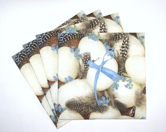 4 Decoupage Paper Napkins Easter Eggs, Craft Paper Spring Easter, Shabby Blue, White Blue Quail Eggs and Feathers, EAS17