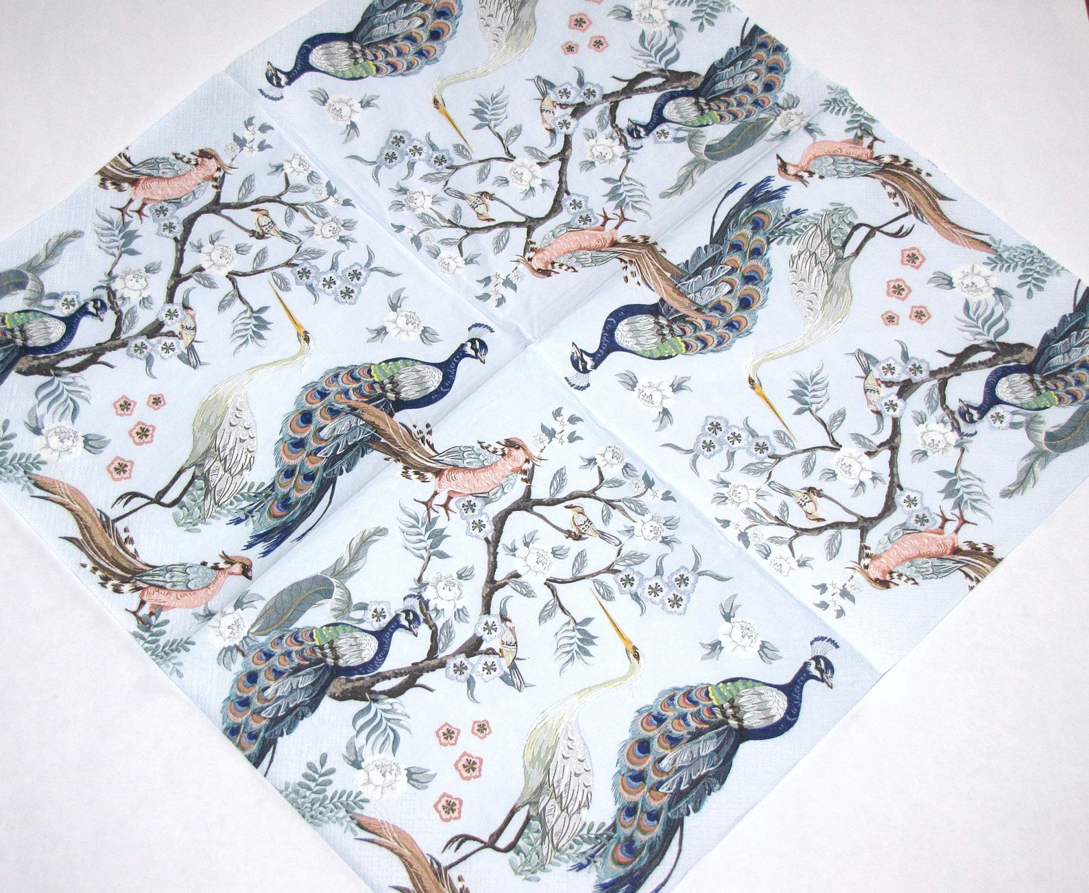 4 Decoupage Napkins Peacocks and Heron in Garden on Blue Etsy