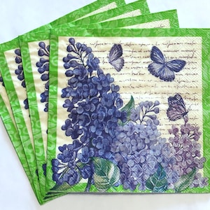 4 servilletas de decoupage, flores de arbusto lila y mariposas, servilletas con estampado floral vintage, servilletas de papel para almuerzo de 3 capas, 13'' 33 cm, FLW47