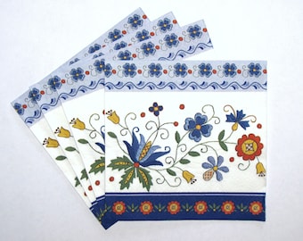 4 Decoupage Napkins with Flowers, Folk Floral Craft Paper, Kashubian Embroidered Floral Motifs, 3 ply Paper Napkins 13'' 33cm, FLK01