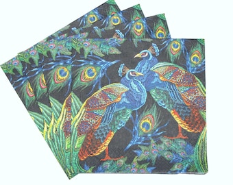 4 Decoupage Napkins, Peacocks on Black, Embroidered Peacocks with Feathers on Black Background, Bright Napkins with Birds, BIR10