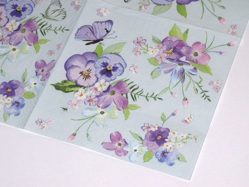 4 Decoupage Napkins with Pansy Flowers Blue Purple Floral Etsy