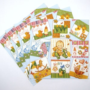 4 servilletas de decoupage, bebé con juguetes sobre fondo azul, servilletas de papel de 3 capas, estilo dibujos animados para baby shower, 33 cm, KID07