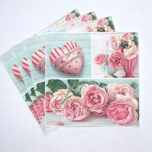 4 Decoupage-Servietten, rosa Blumen auf blauem, floralem Kraftpapier mit Rosen, Rosa Shabby Chic-Servietten, 3 lagige Papierservietten 133'' 33 cm, FLW37